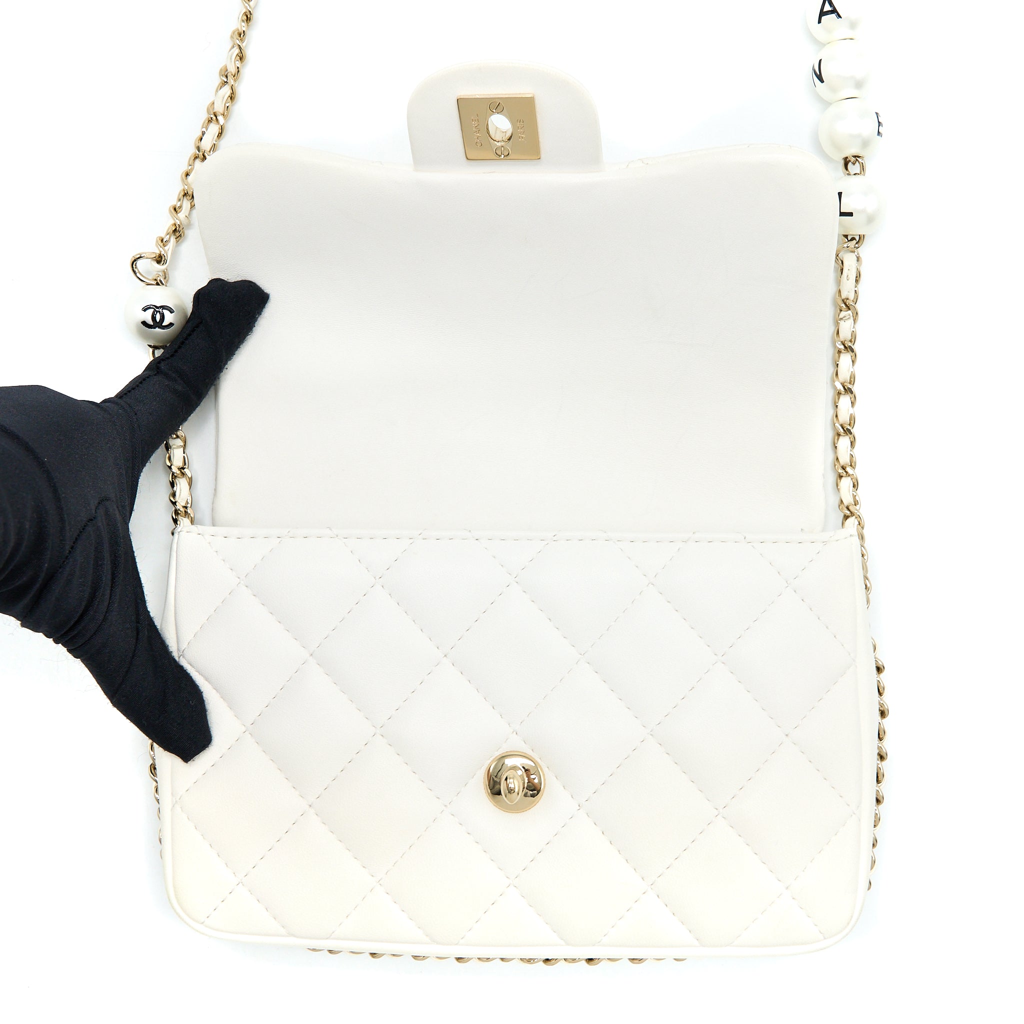 CHANEL SMALL PEARL LOGO CHAIN BAG LAMBSKIN WHITE LGHW
