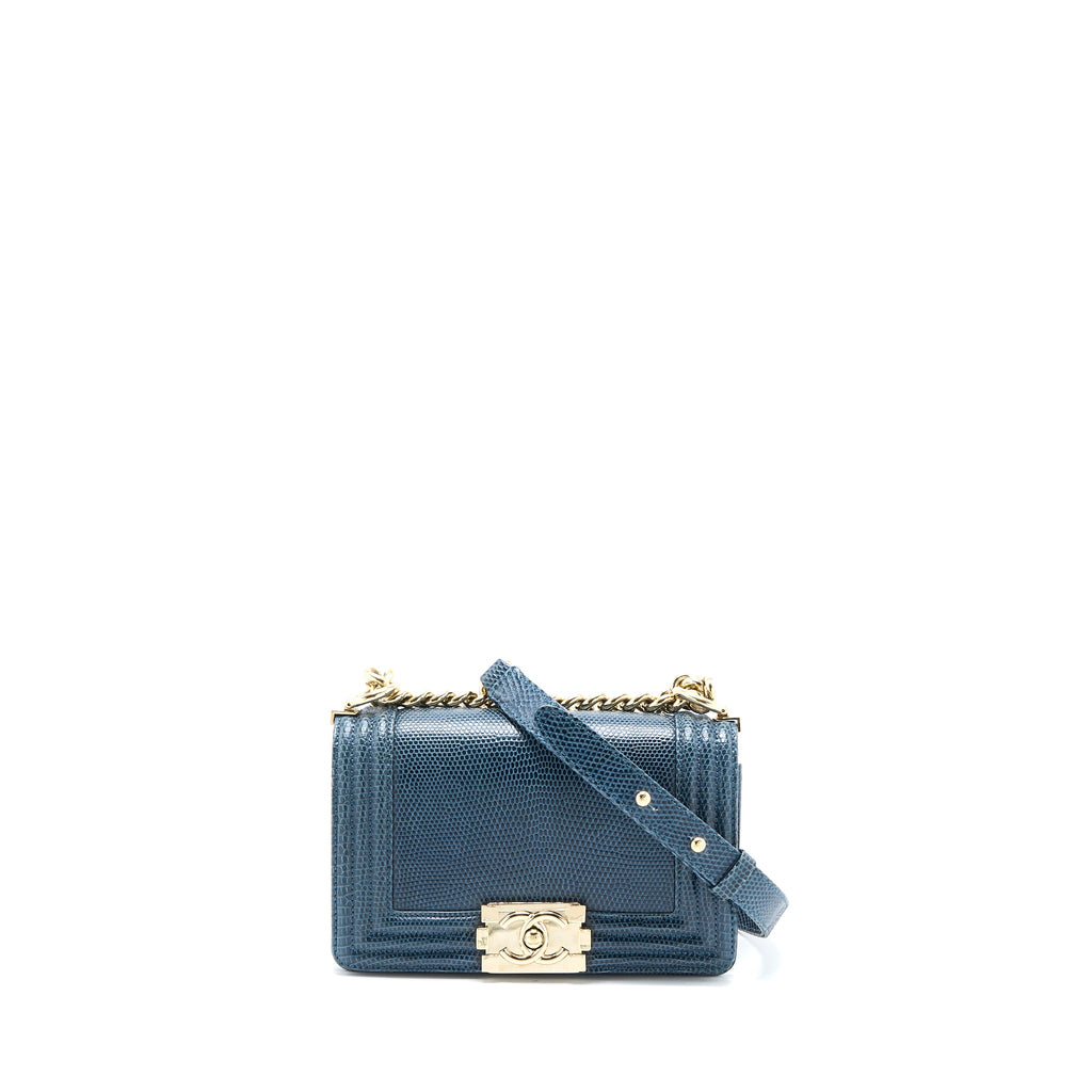 CHANEL SMALL BOY BAG LIZARD DARK BLUE LGHW