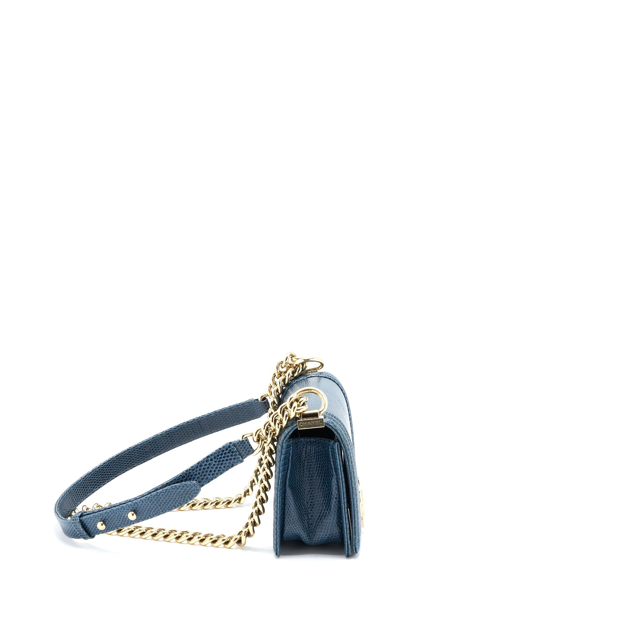 CHANEL SMALL BOY BAG LIZARD DARK BLUE LGHW