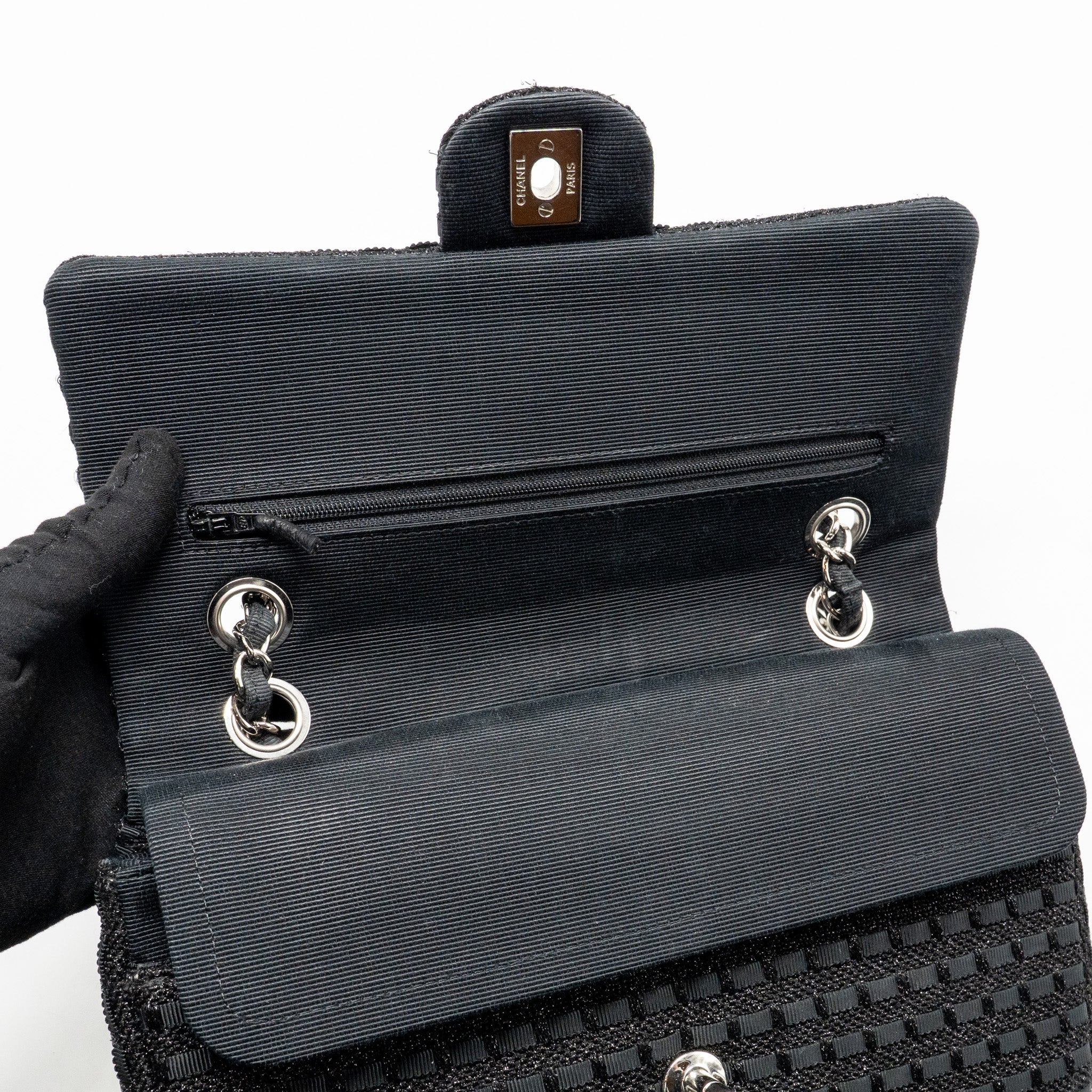 CHANEL MEDIUM CLASSIC DOUBLE FLAP BAG TWEED BLACK SHW