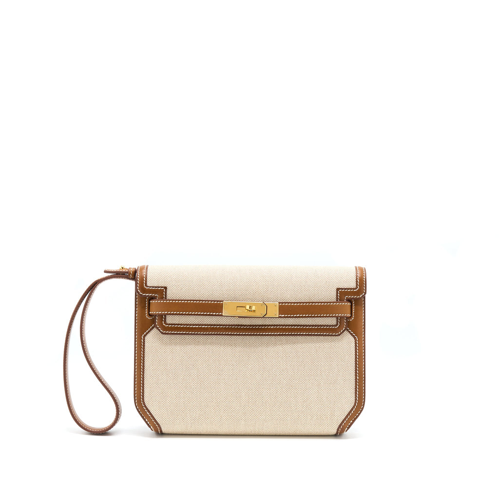 HERMES POCHETTE KELLY DEPECHES 25 CANVAS AND BARENIA, ECRU/ BEIGE / FAUVE GHW