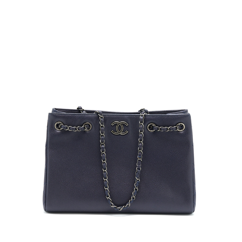 CHANEL TOTE BAG CAVIAR NAVY RUTHENIUM HARDWARE