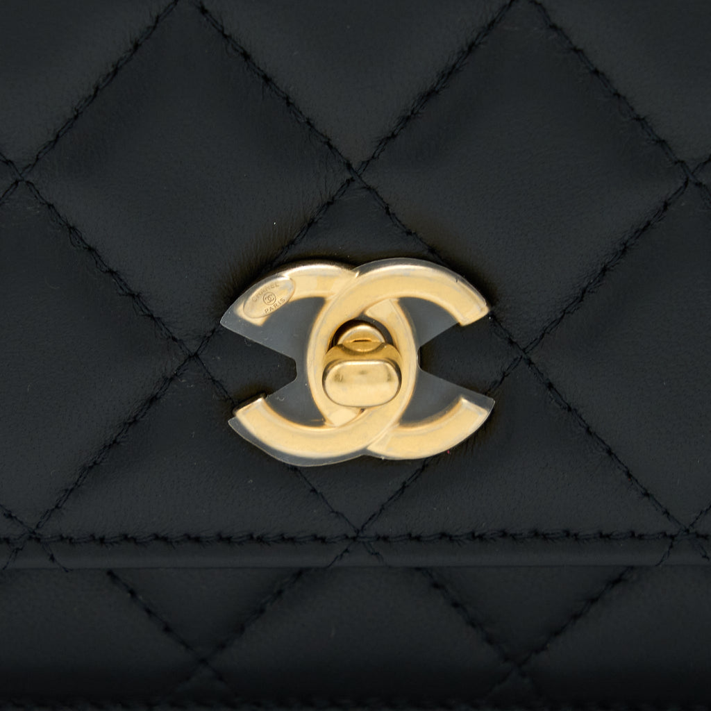 CHANEL PEARL CRUSH WALLET ON CHAIN LAMBSKIN BLACK BRUSHED GHW (MICROCHIP)
