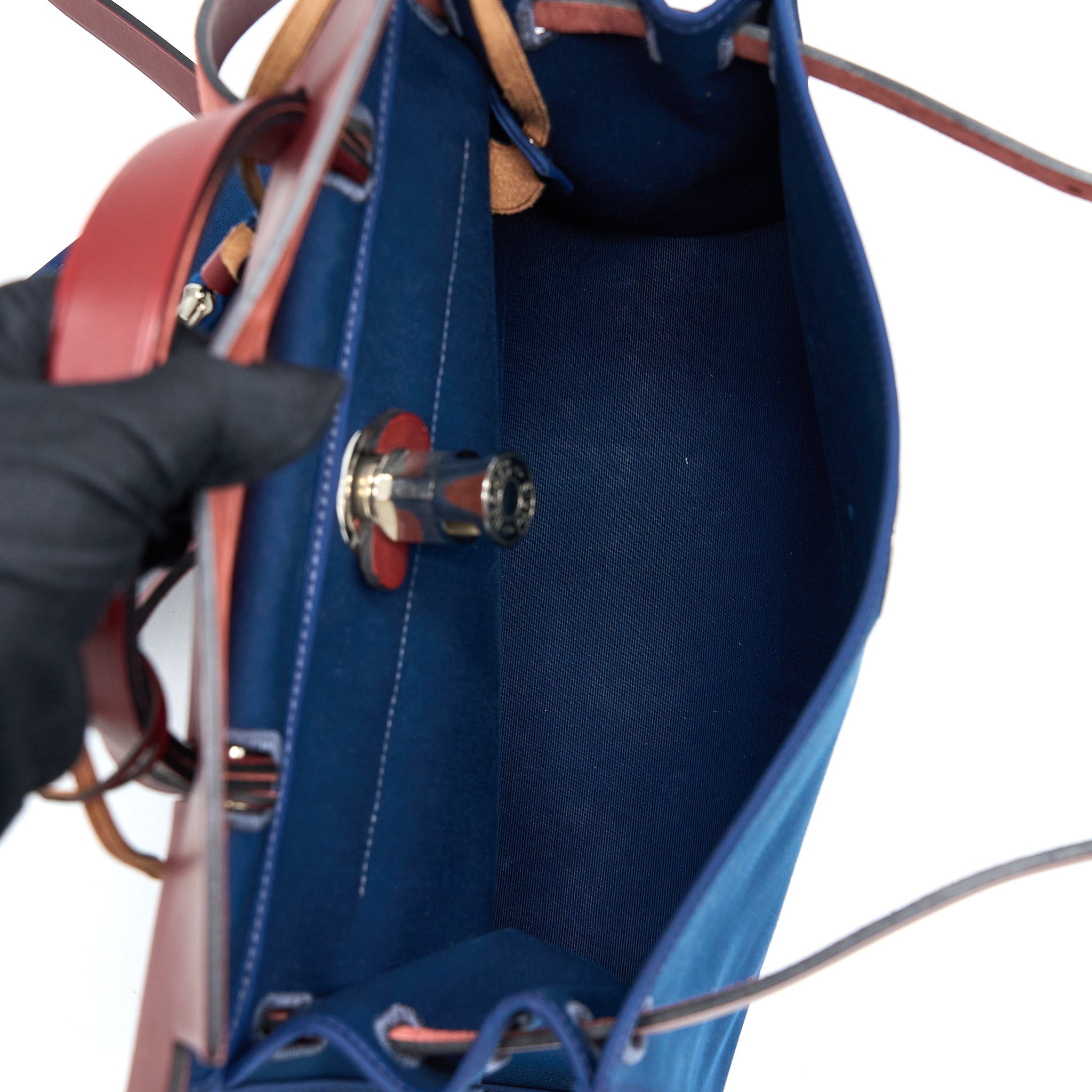 HERMES HERBAG ZIP 31 LEATHER/CANVAS BLUE/RED SHW