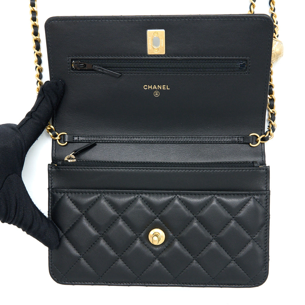 CHANEL PEARL CRUSH WALLET ON CHAIN LAMBSKIN BLACK BRUSHED GHW (MICROCHIP)