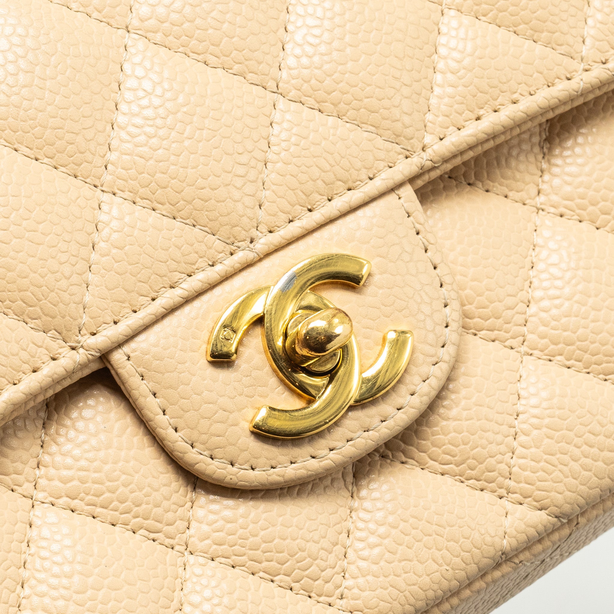 CHANEL EAST-WEST FLAP SHOULDER BAG CAVIAR BEIGE GHW