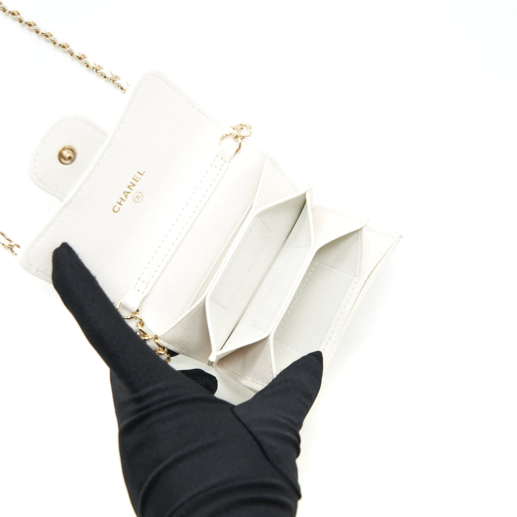 CHANEL 21B CARD HOLDER ON CHAIN CAVIAR WHITE LGHW