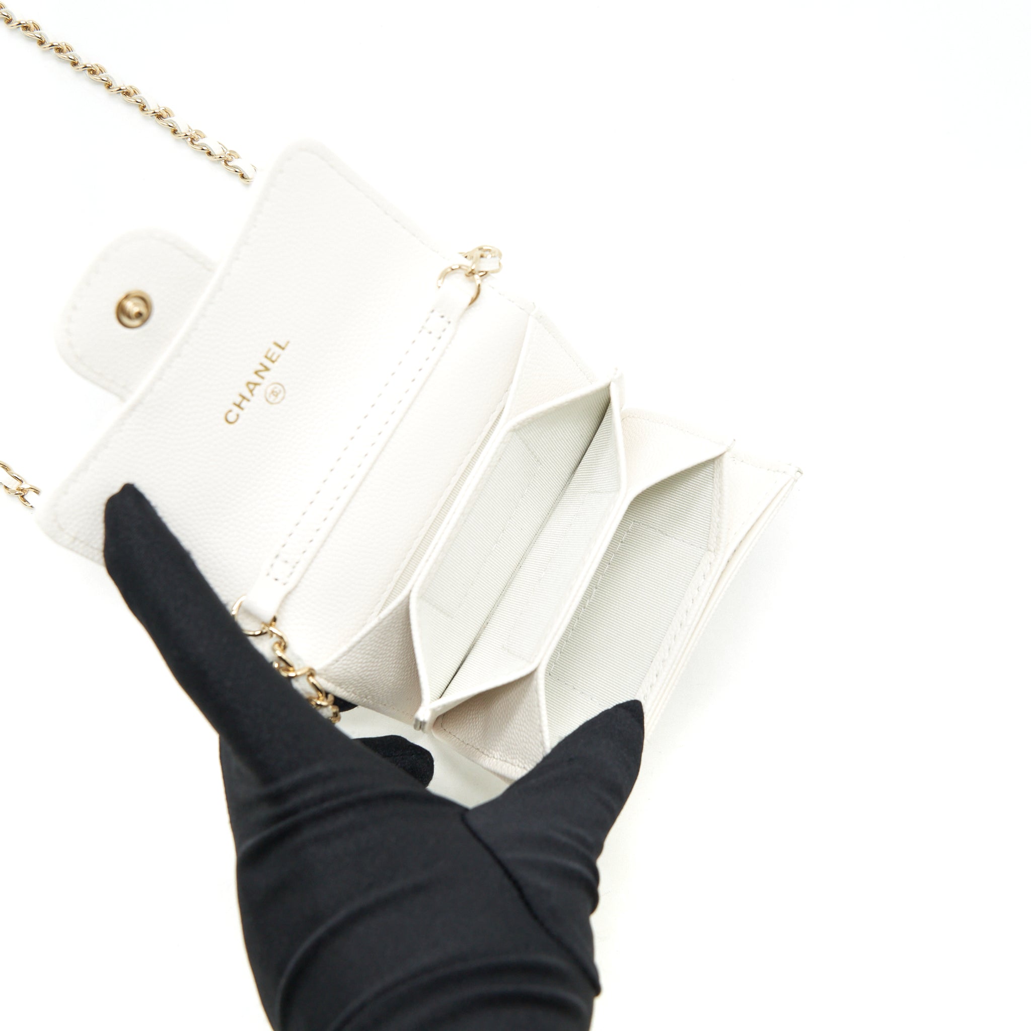 CHANEL 21B CARD HOLDER ON CHAIN CAVIAR WHITE LGHW