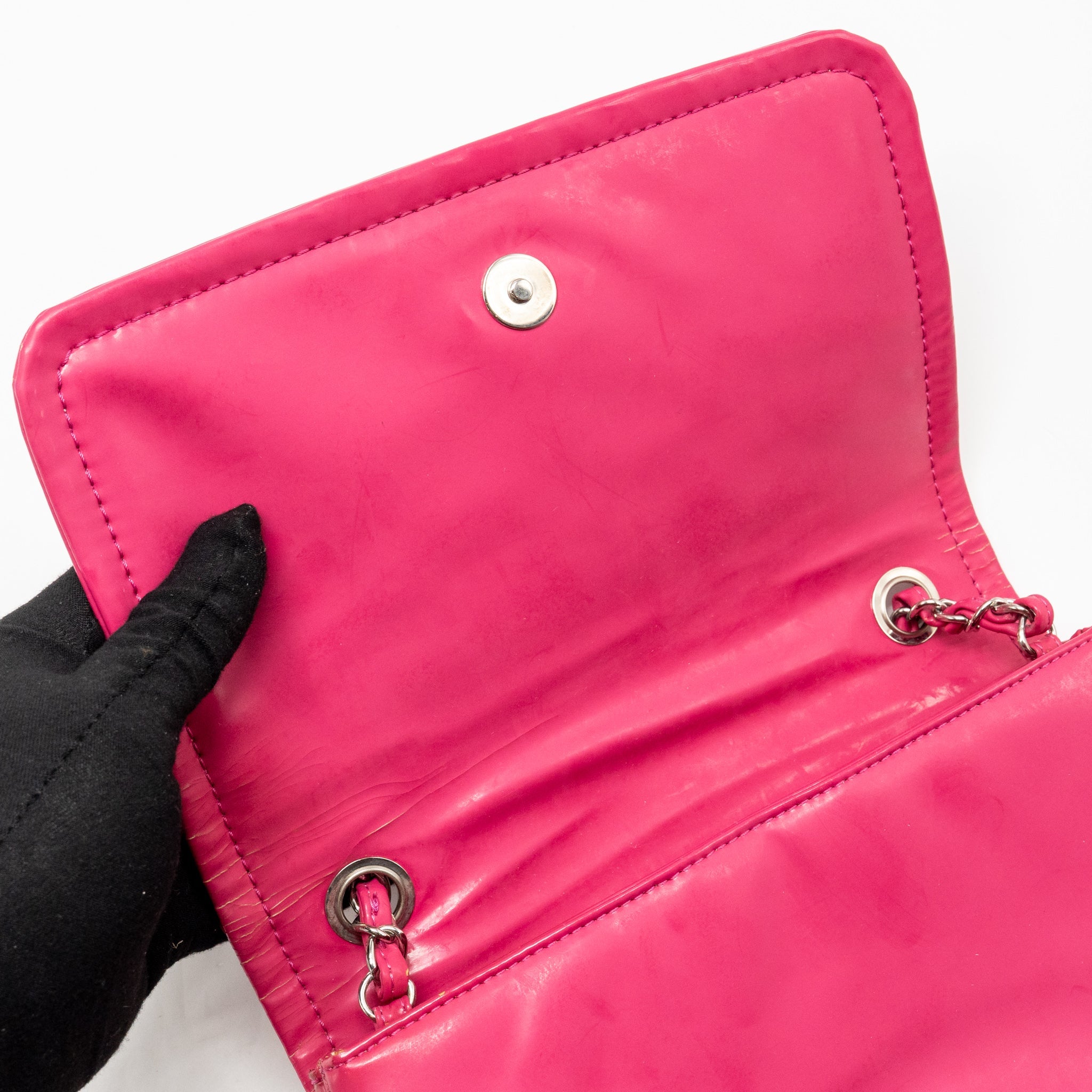 CHANEL SMALL VINYL FLAP BAG WITH CHAIN LEATHER HOT PINK SHW