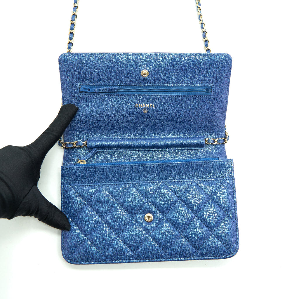CHANEL CLASSIC WALLET ON CHAIN CAVIAR IRIDESCENT BLUE LGHW