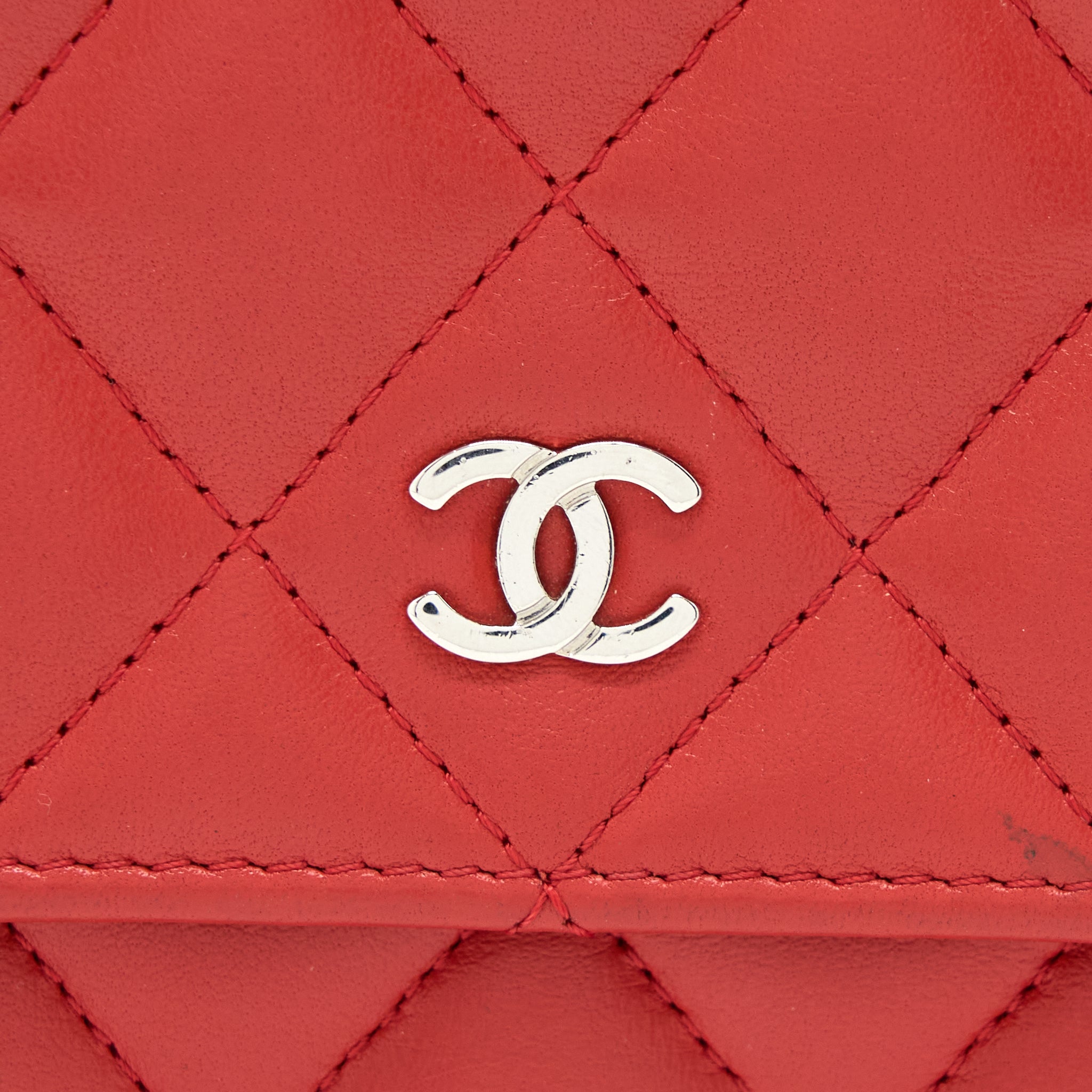 CHANEL CLASSIC WALLET ON CHAIN LAMBSKIN ORANGE RED SHW