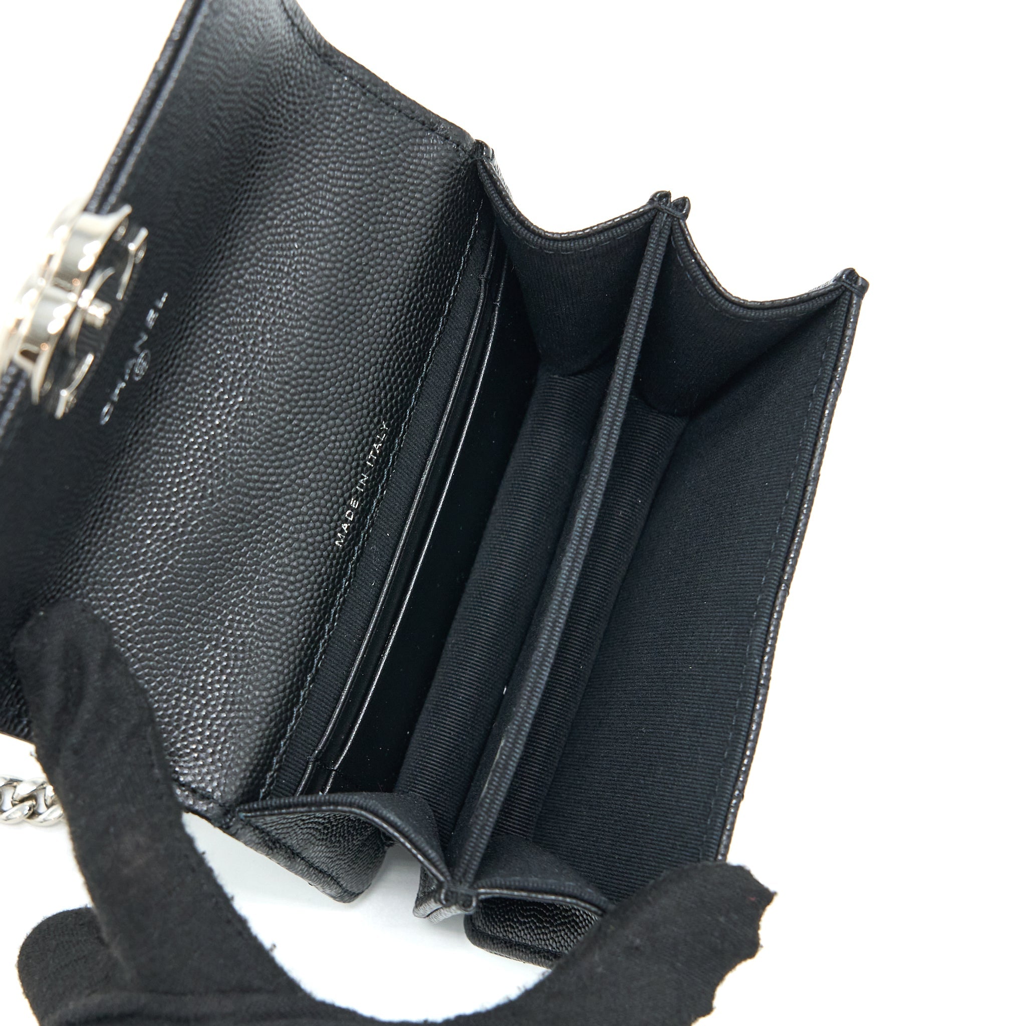 CHANEL DETAILED TOP HANDLE MINI FLAP BAG WITH CHAIN CAVIAR BLACK SHW