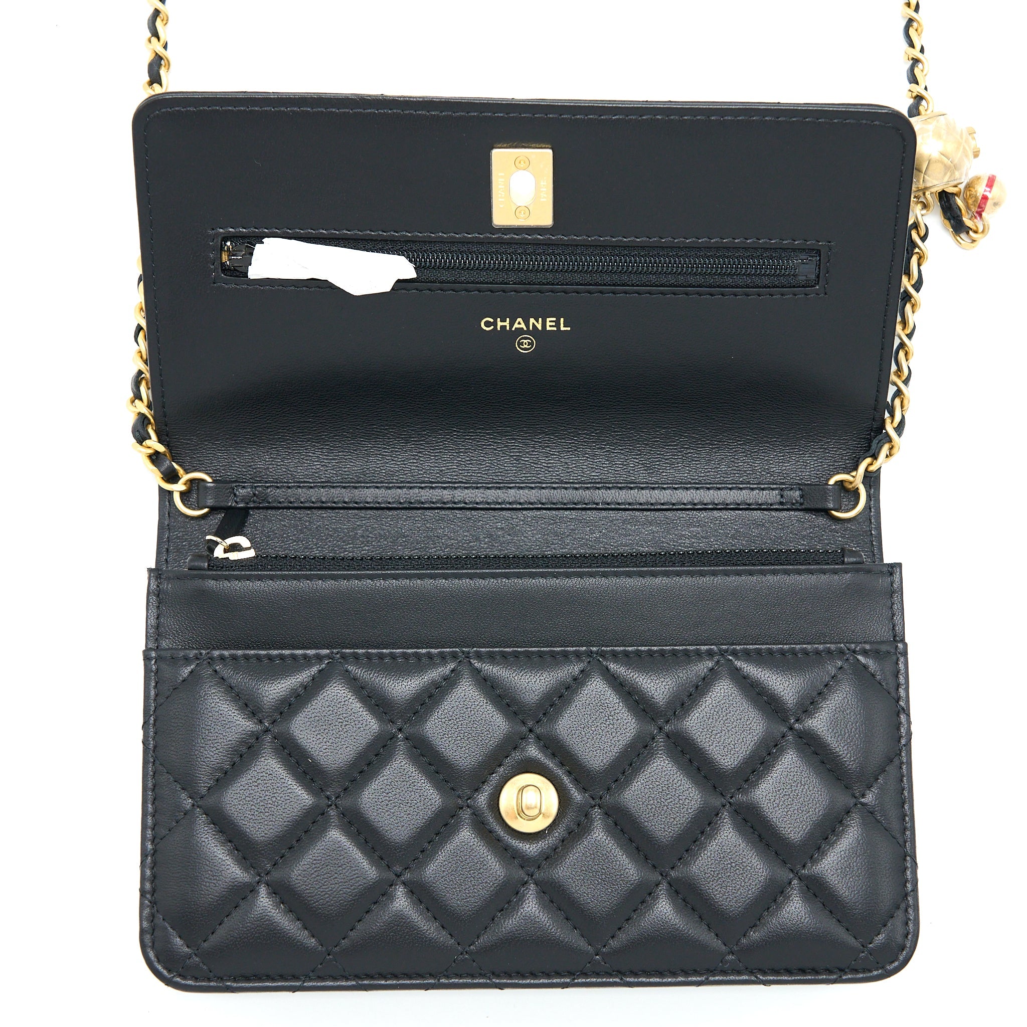 CHANEL PEARL CRUSH WALLET ON CHAIN LAMBSKIN BLACK GHW (MICROCHIP)