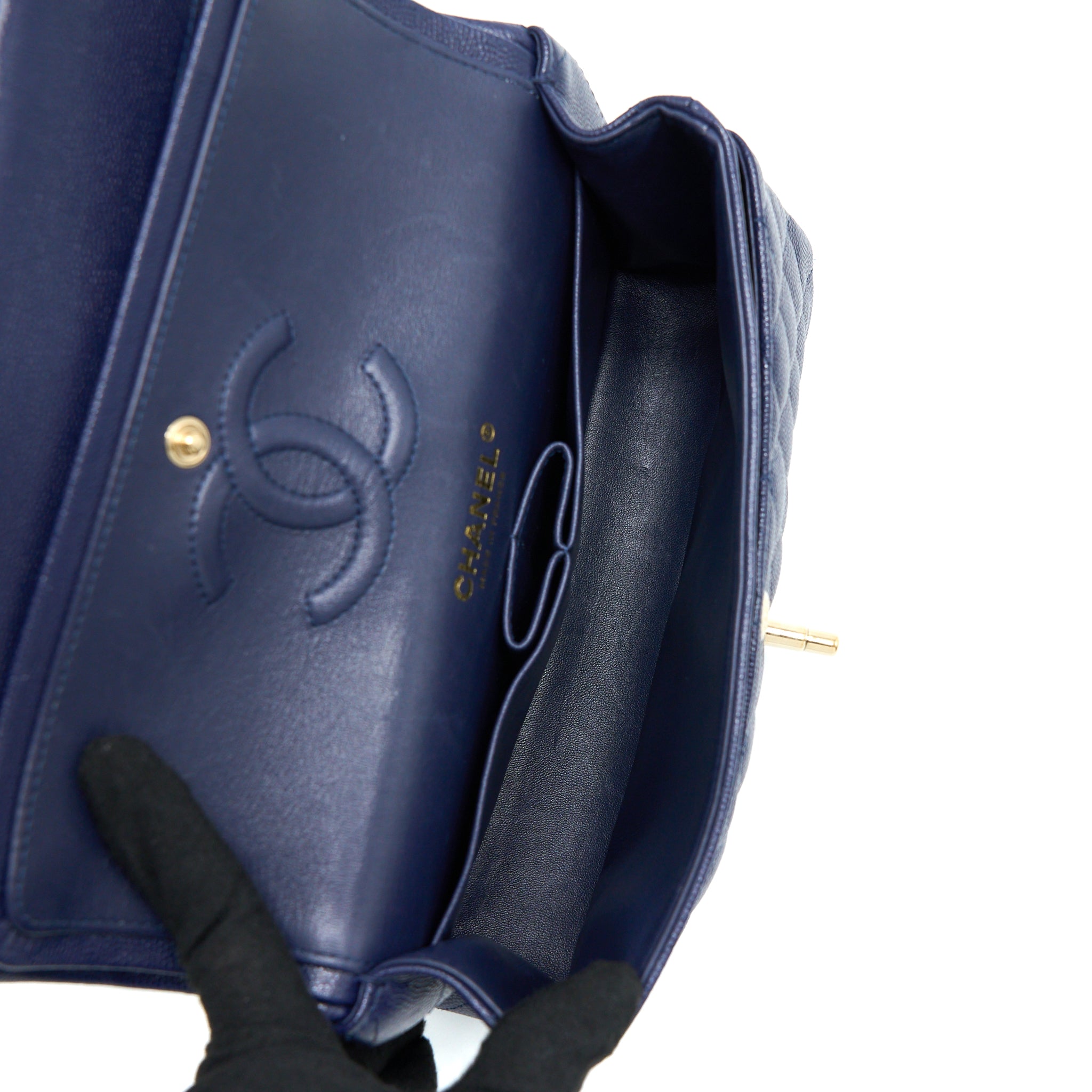 CHANEL SMALL CLASSIC DOUBLE FLAP BAG CAVIAR DARK BLUE LGHW