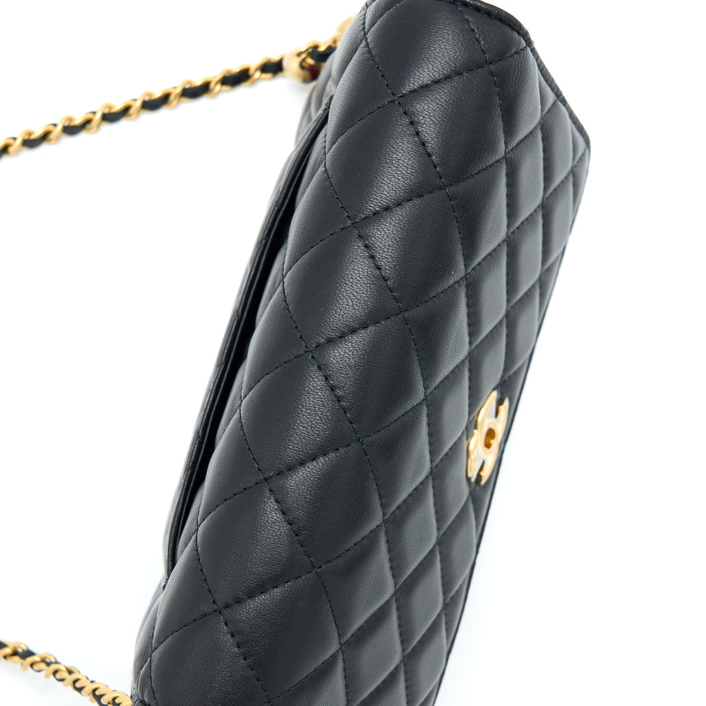 CHANEL PEARL CRUSH WALLET ON CHAIN LAMBSKIN BLACK GHW (MICROCHIP)