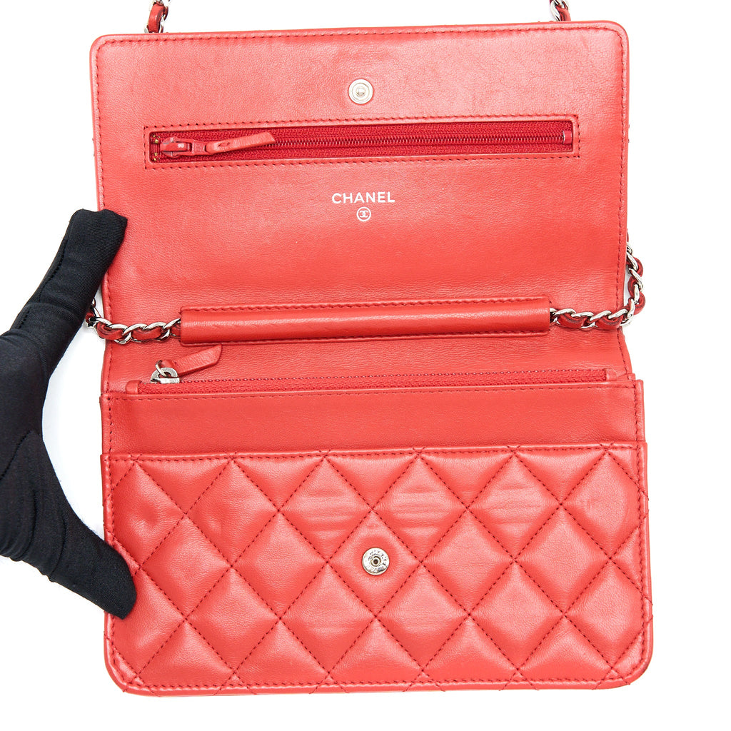 CHANEL CLASSIC WALLET ON CHAIN LAMBSKIN ORANGE RED SHW