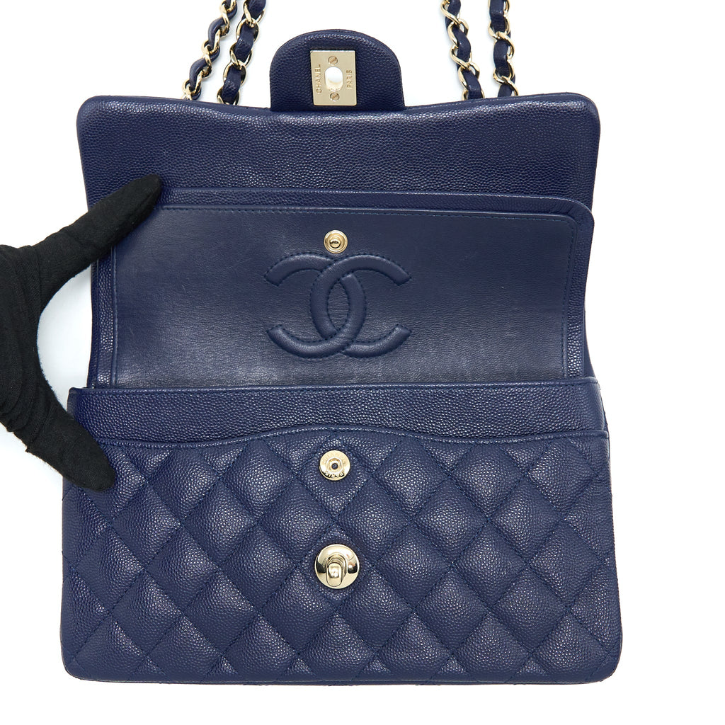 CHANEL SMALL CLASSIC DOUBLE FLAP BAG CAVIAR DARK BLUE LGHW