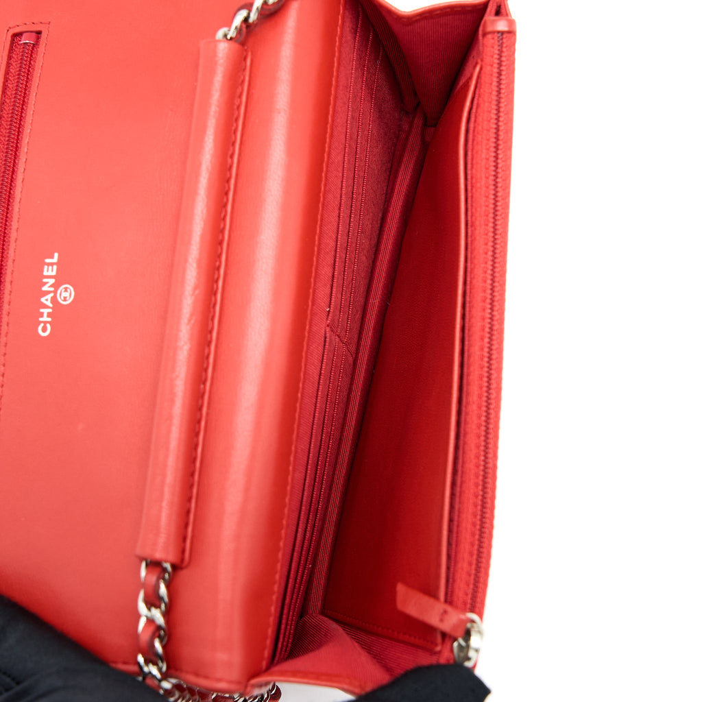 CHANEL CLASSIC WALLET ON CHAIN LAMBSKIN ORANGE RED SHW