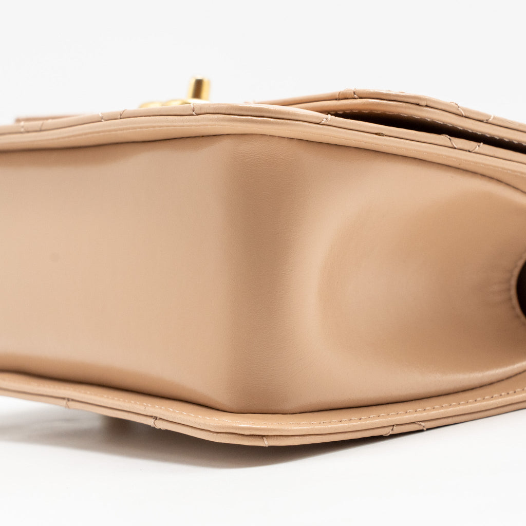CHANEL GOLD CRUSH MINI FLAP BAG CALFSKIN BEIGE GHW (MICROCHIP)