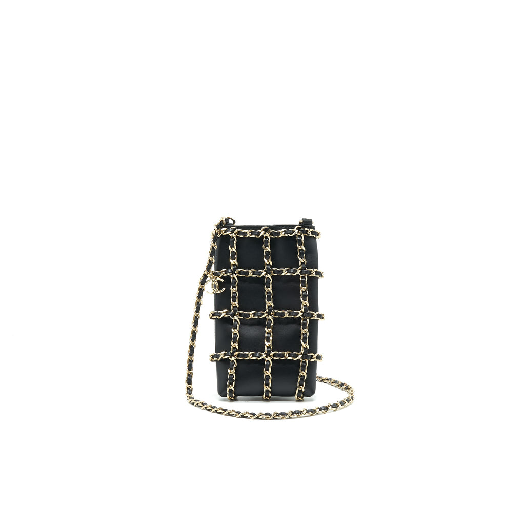 CHANEL GOLD CLUTCH O CHAIN PHONE HOLDER BLACK GHW
