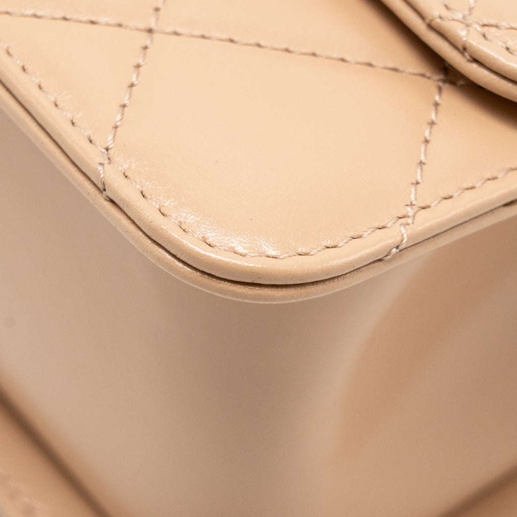 CHANEL GOLD CRUSH MINI FLAP BAG CALFSKIN BEIGE GHW (MICROCHIP)