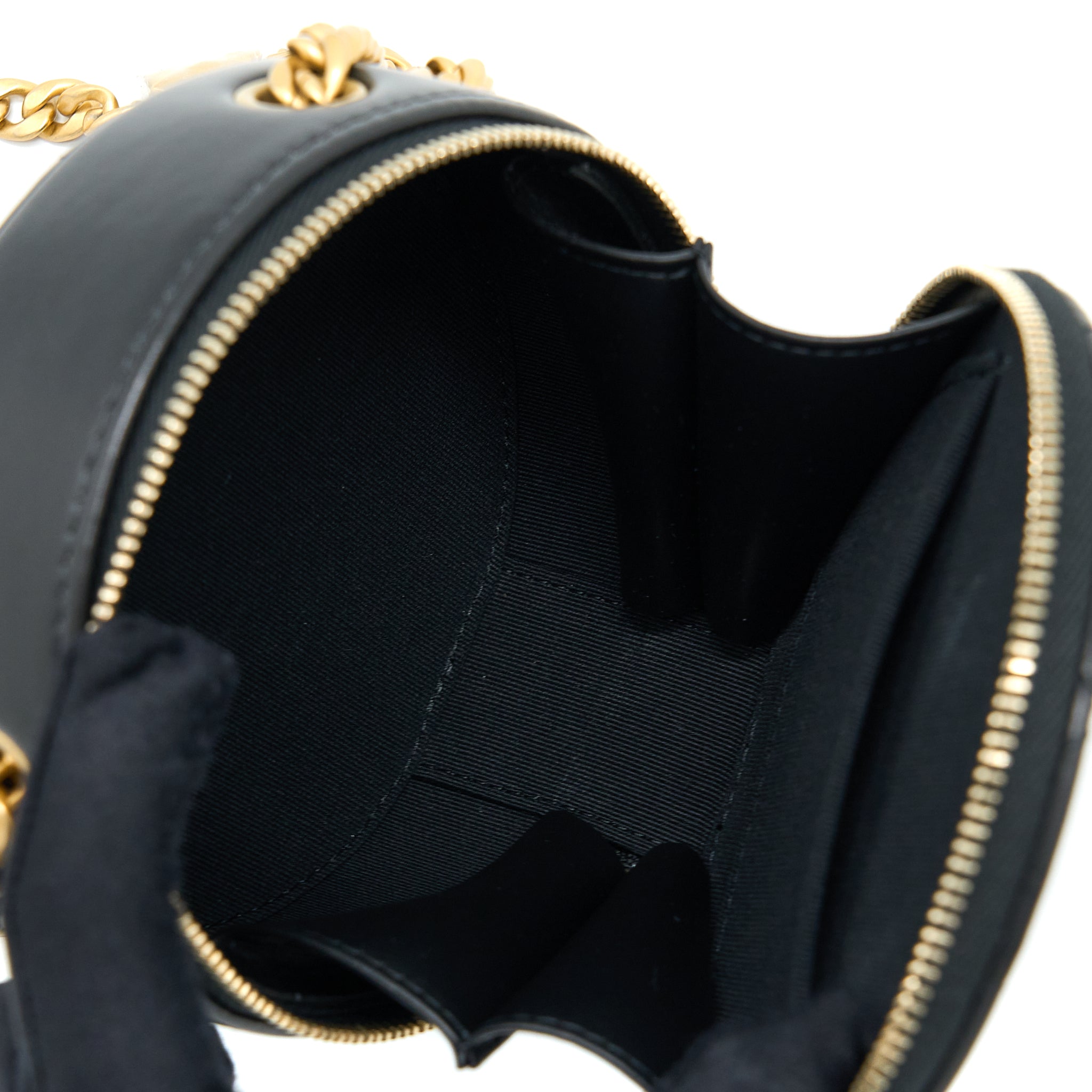 CHANEL 22K GOLD PILLAR ROUND CLUTCH WITH CHAIN LAMBSKIN BLACK BRUSHED GHW
