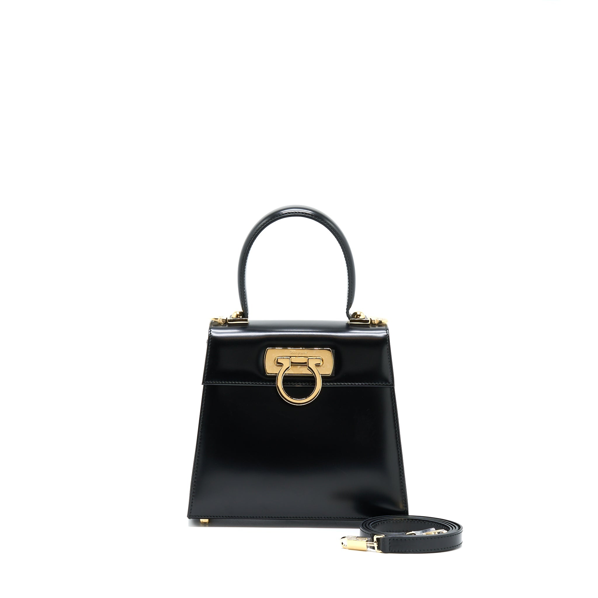 SALVATORE FERRAGAMO GANCINI TOP HANDLE BAG CALFSKIN BLACK GHW