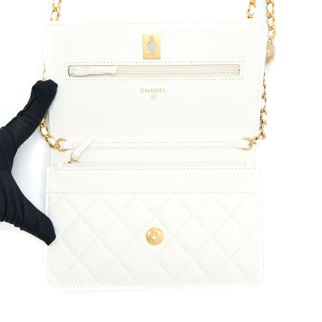 CHANEL PEARL CRUSH WALLET ON CHAIN LAMBSKIN WHITE GHW (MICROCHIP)