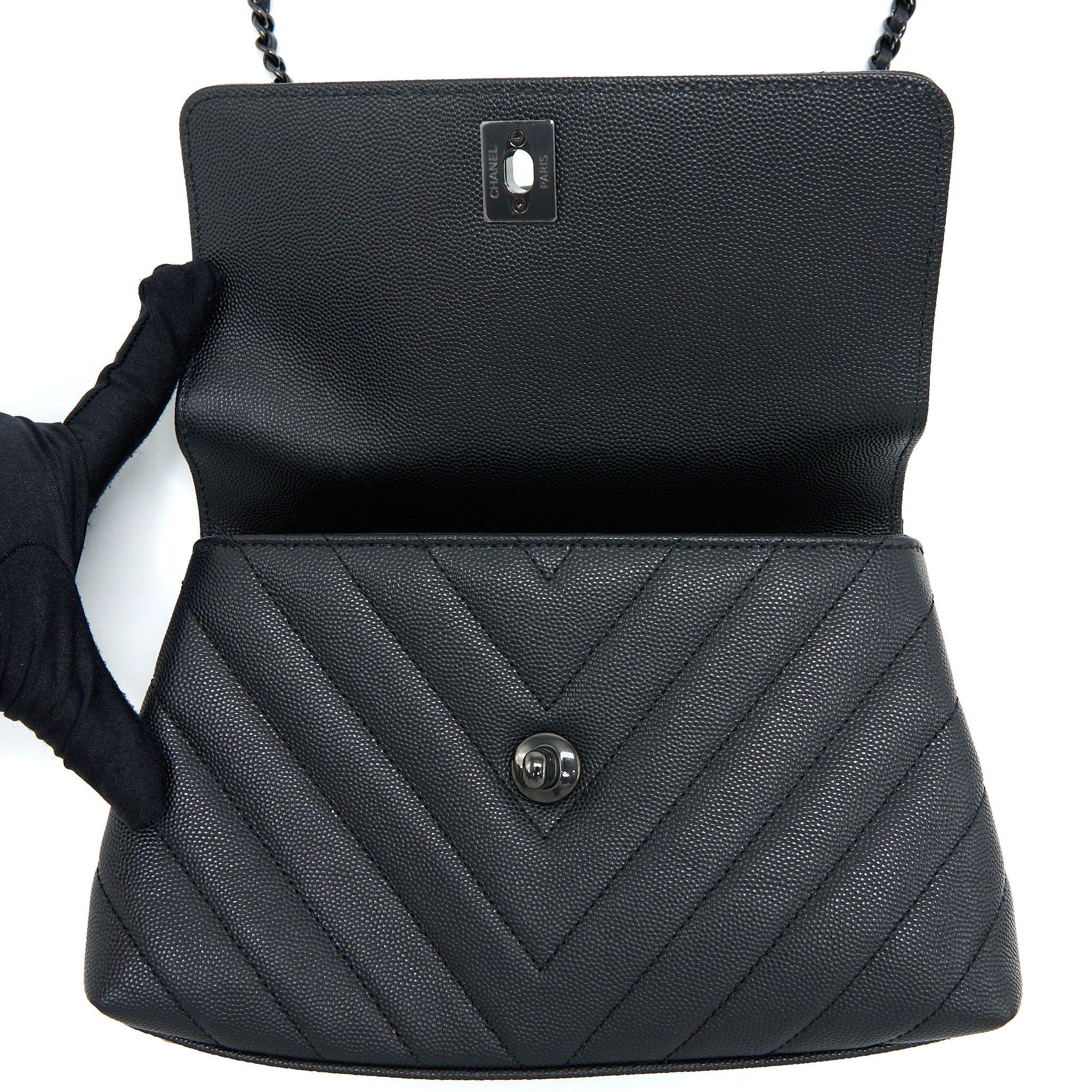 CHANEL SMALL COCO HANDLE CHEVRON CAVIAR SO BLACK WITH BLACK HARDWARE