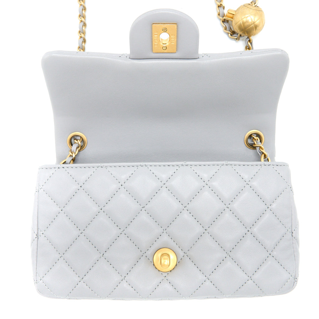 CHANEL PEARL CRUSH MINI RECTANGULAR FLAP BAG LAMBSKIN LIGHT GREY BRUSHED GHW (MICROCHIP)