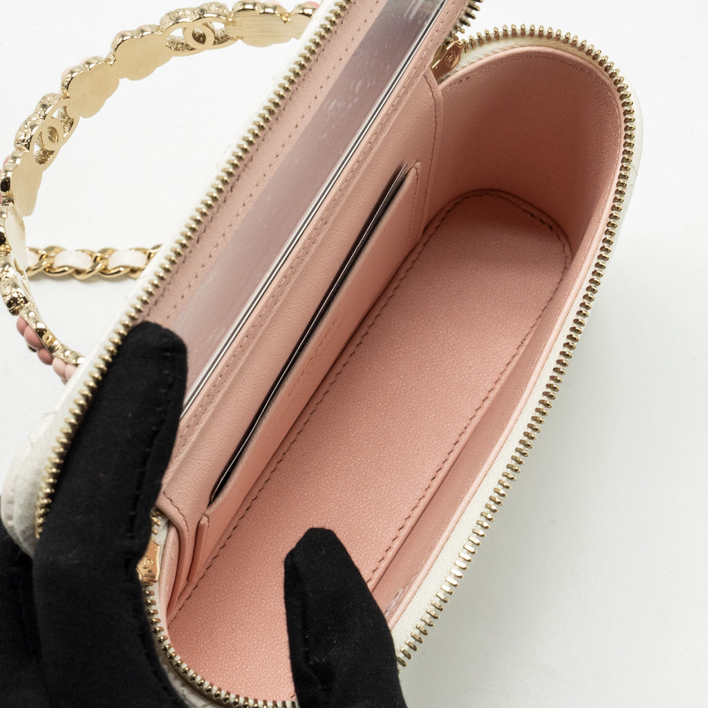 CHANEL 23K CAMELLIA TOP HANDLE LONG VANITY CASE WITH CHAIN CALFSKIN WHITE LGHW (MICROCHIP)