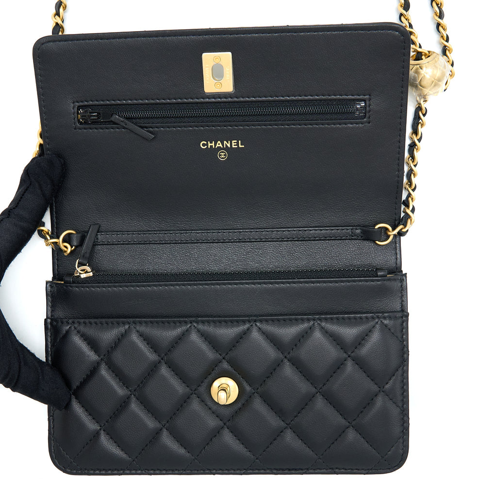 CHANEL PEARL CRUSH WALLET ON CHAIN LAMBSKIN BLACK GHW (MICROCHIP)