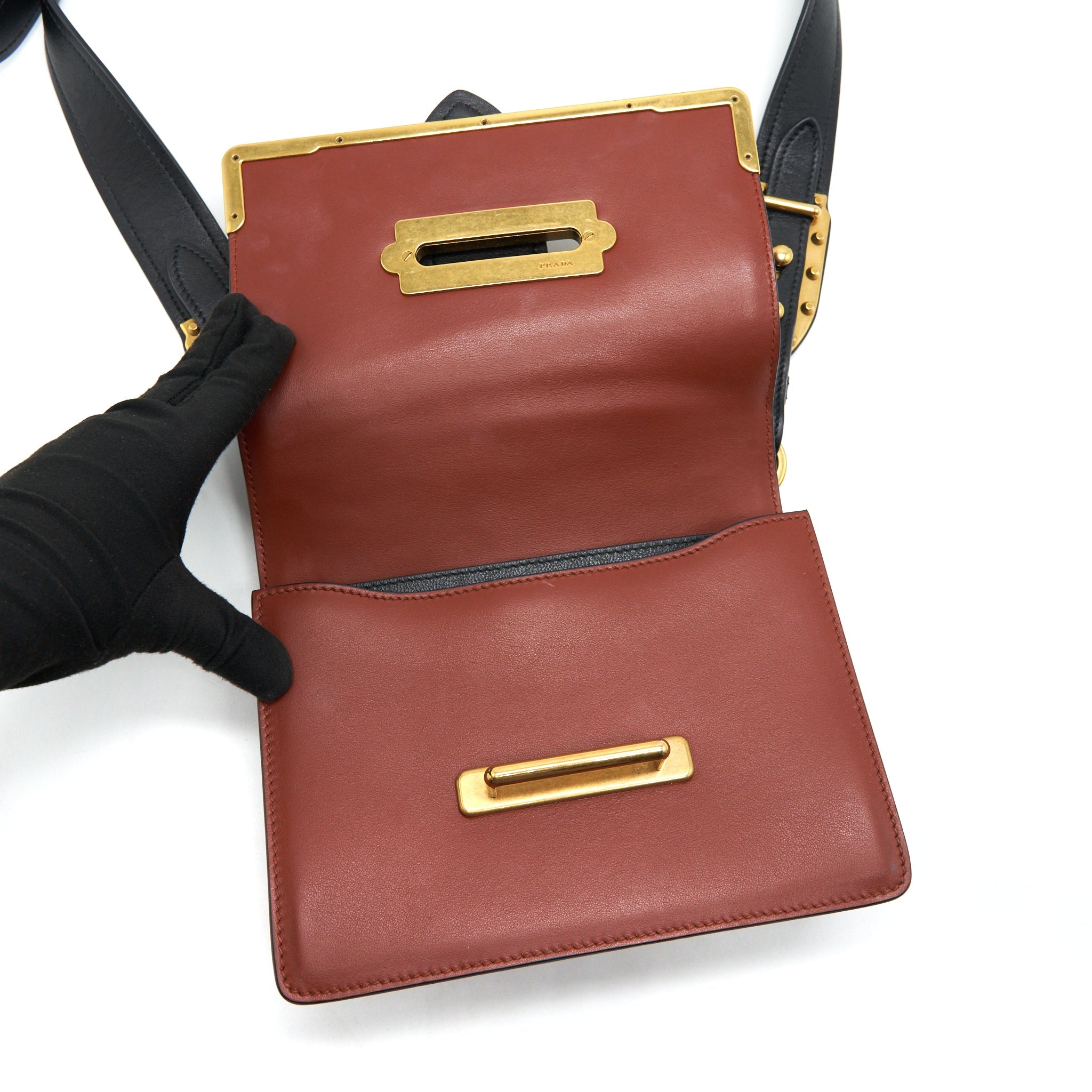 PRADA LEATHER CASHIER BAG BURGUNDY/ BLACK GHW