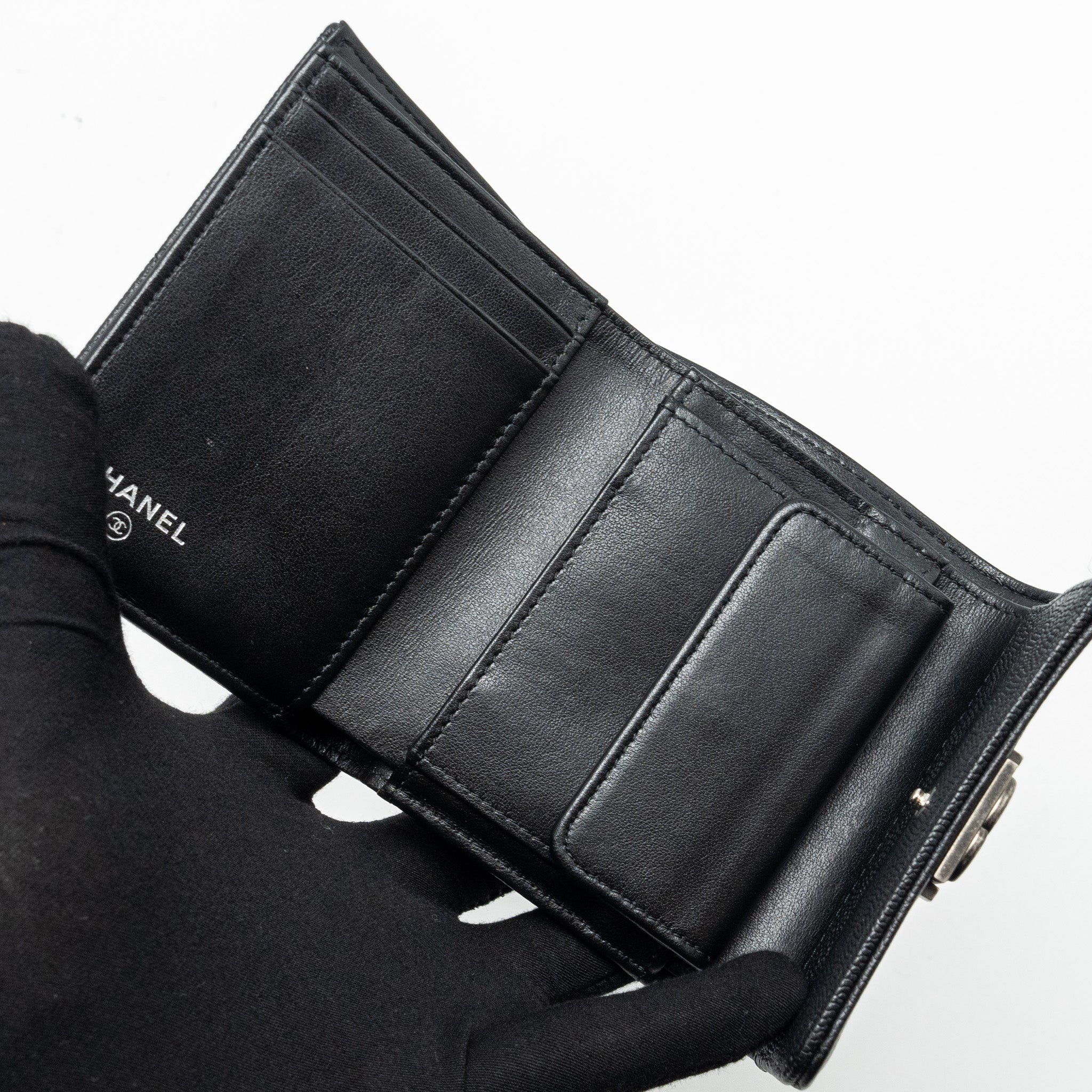 CHANEL BOY FLAP COMPACT WALLET CAVIAR BLACK RUTHENIUM HARDWARE