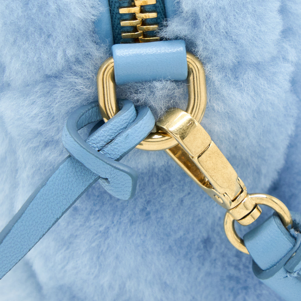 MIU MIU TOP HANDLE CROSSBODY CAMERA BAG SHEARLING LIGHT BLUE GHW