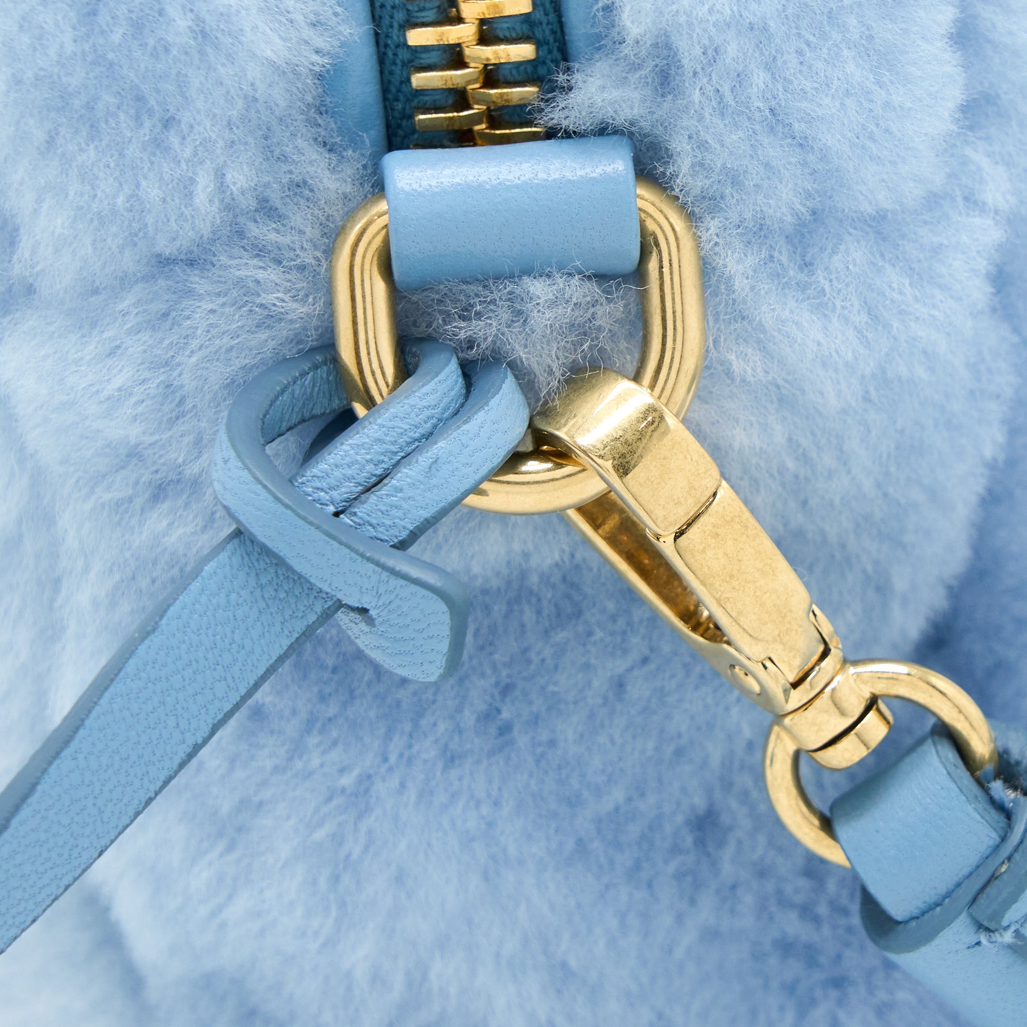 MIU MIU TOP HANDLE CROSSBODY CAMERA BAG SHEARLING LIGHT BLUE GHW