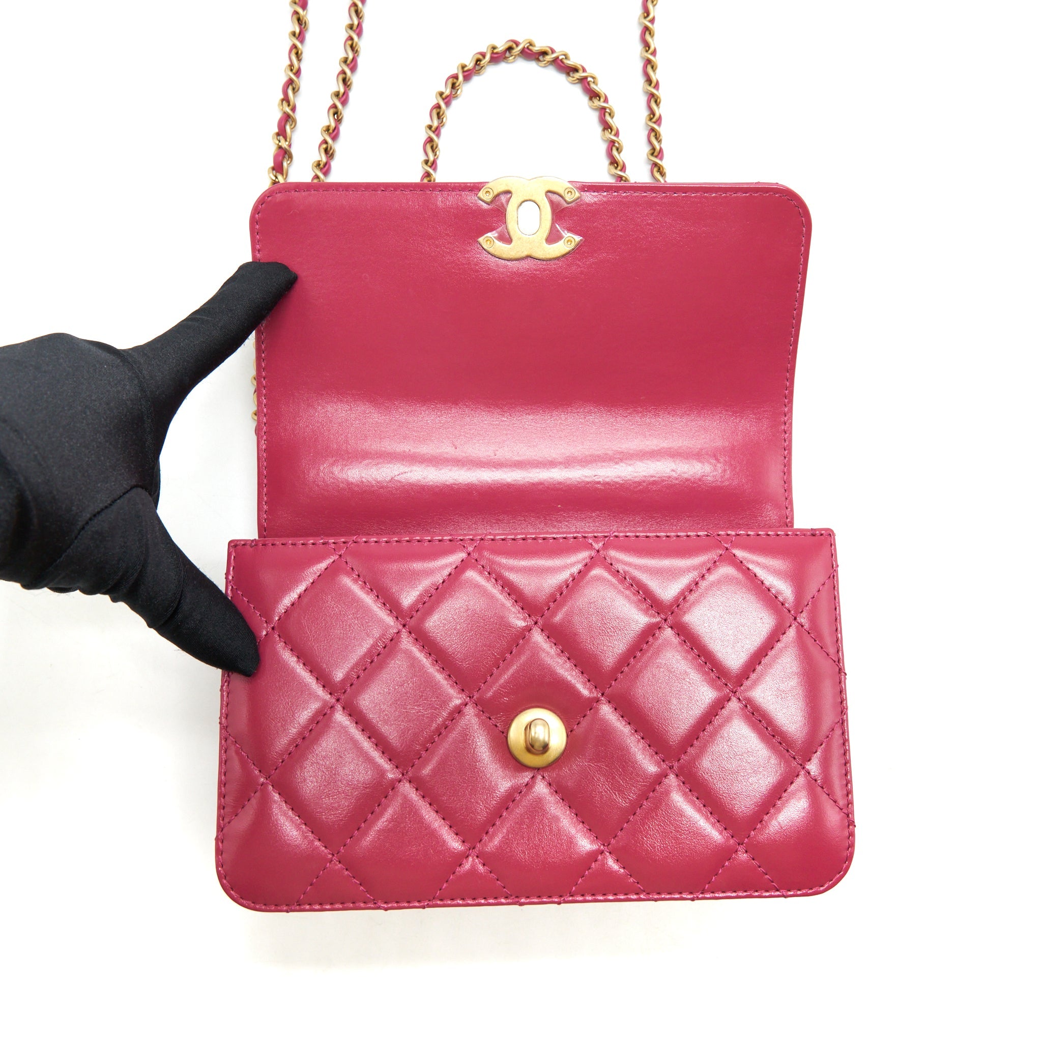 CHANEL 21A SMALL GOLD CRUSH FLAP BAG WITH CHAIN CALFSKIN RASPBERRY PINK GHW (MICROCHIP)