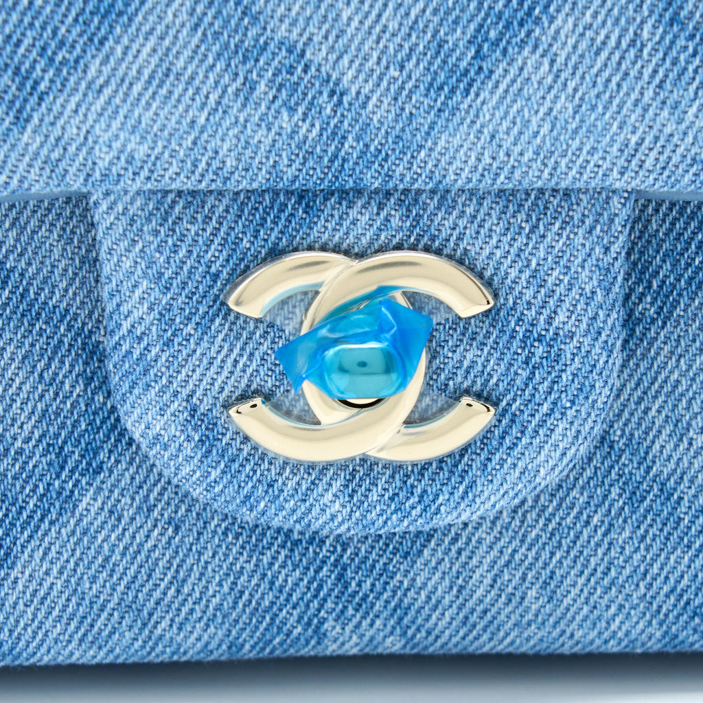 CHANEL 22B MINI RECTANGULAR DENIM LIGHT BLUE LGHW (MICROCHIP)
