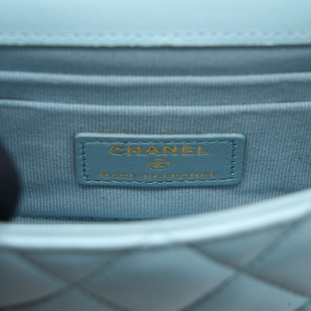 CHANEL TOP HANDLE MINI FLAP BAG LAMBSKIN LIGHT BLUE LGHW