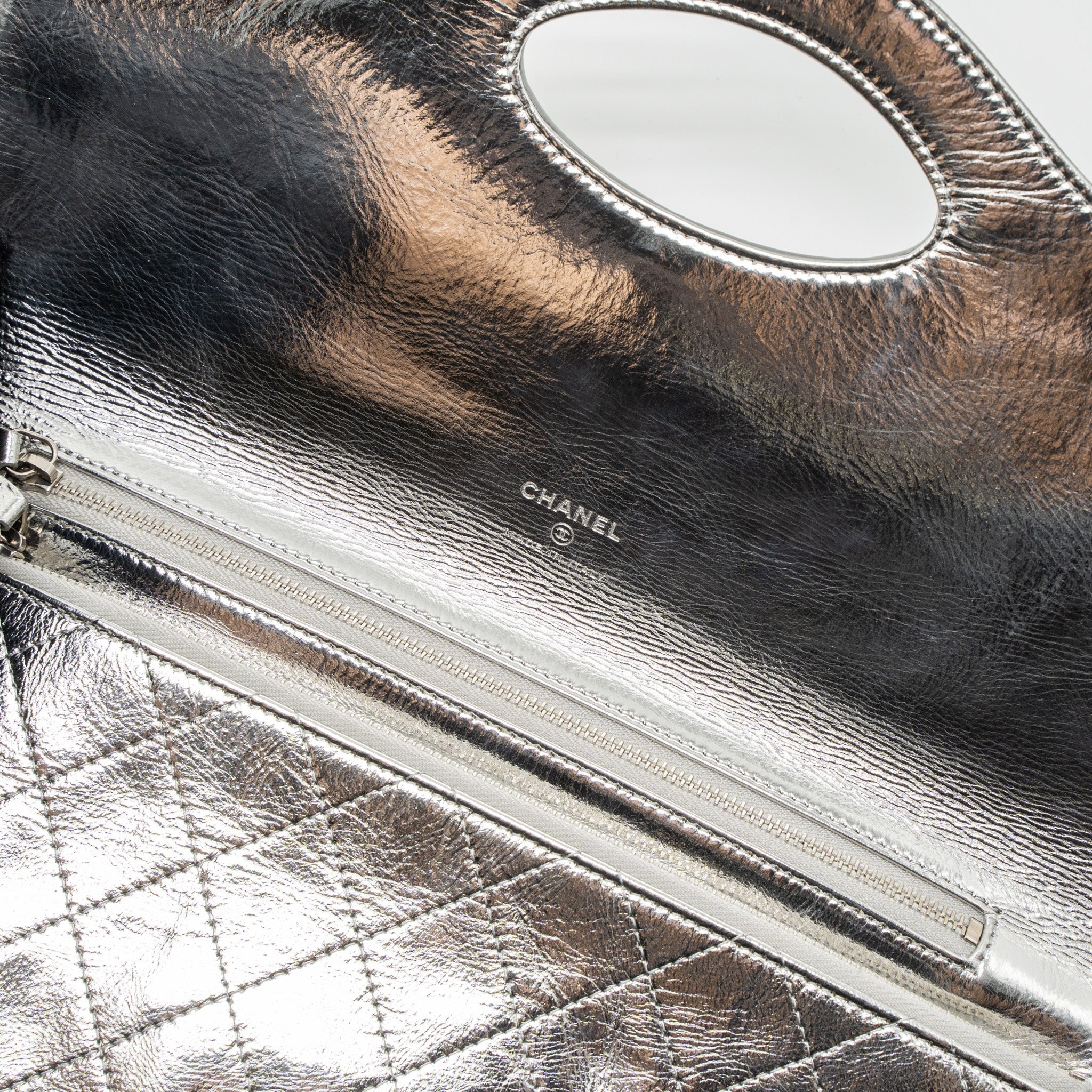 CHANEL 31 CLUTCH BAG GOATSKIN METALLIC SILVER SHW