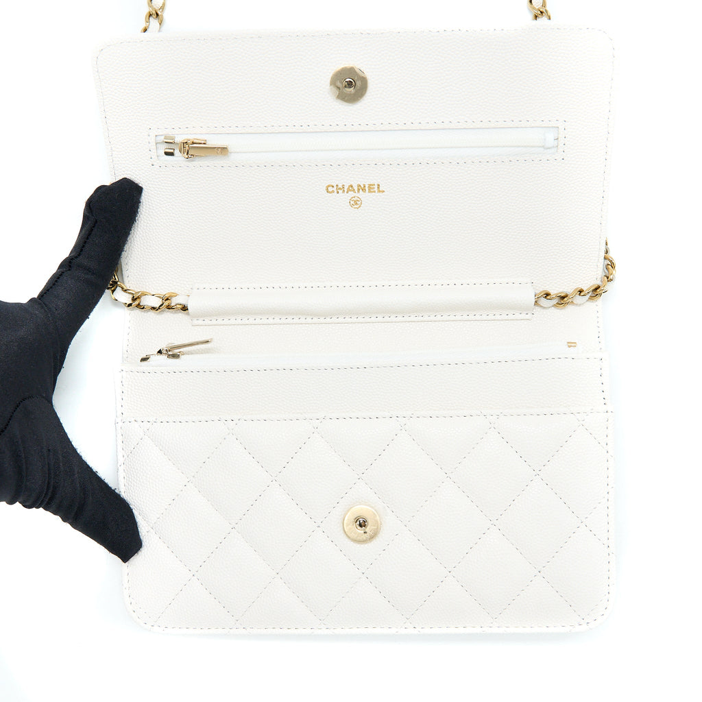 CHANEL CLASSIC WALLET ON CHAIN CAVIAR WHITE LGHW (MICROCHIP)