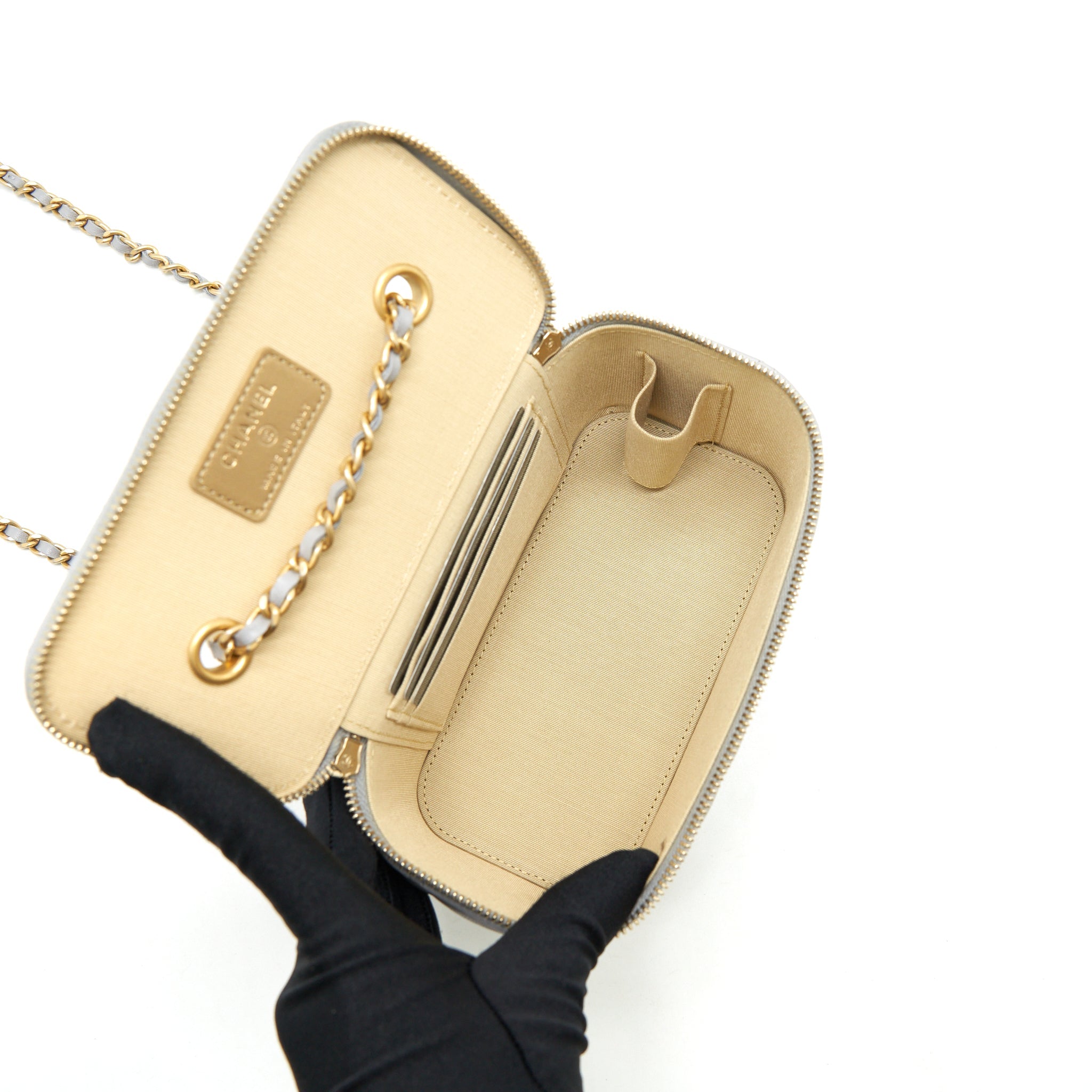 CHANEL 21B PEARL CRUSH LONG VANITY WITH CHAIN LAMBSKIN GREY GHW