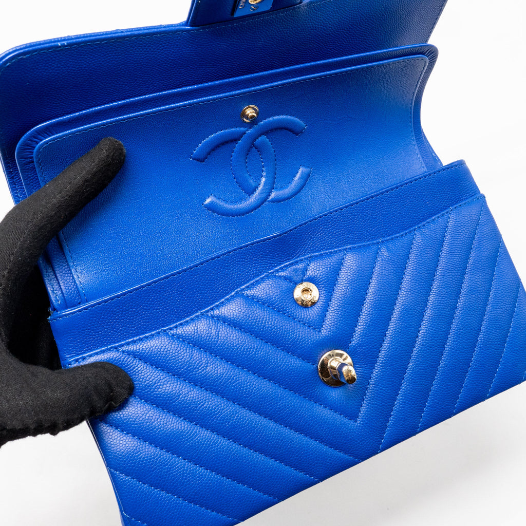 CHANEL SMALL CLASSIC DOUBLE FLAP BAG CHEVRON CAVIAR BLUE LGHW