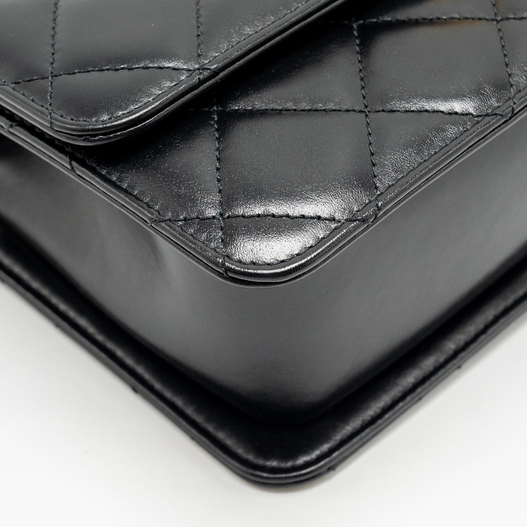 CHANEL GOLD CRUSH FLAP BAG CALFSKIN BLACK GHW (MICROCHIP)