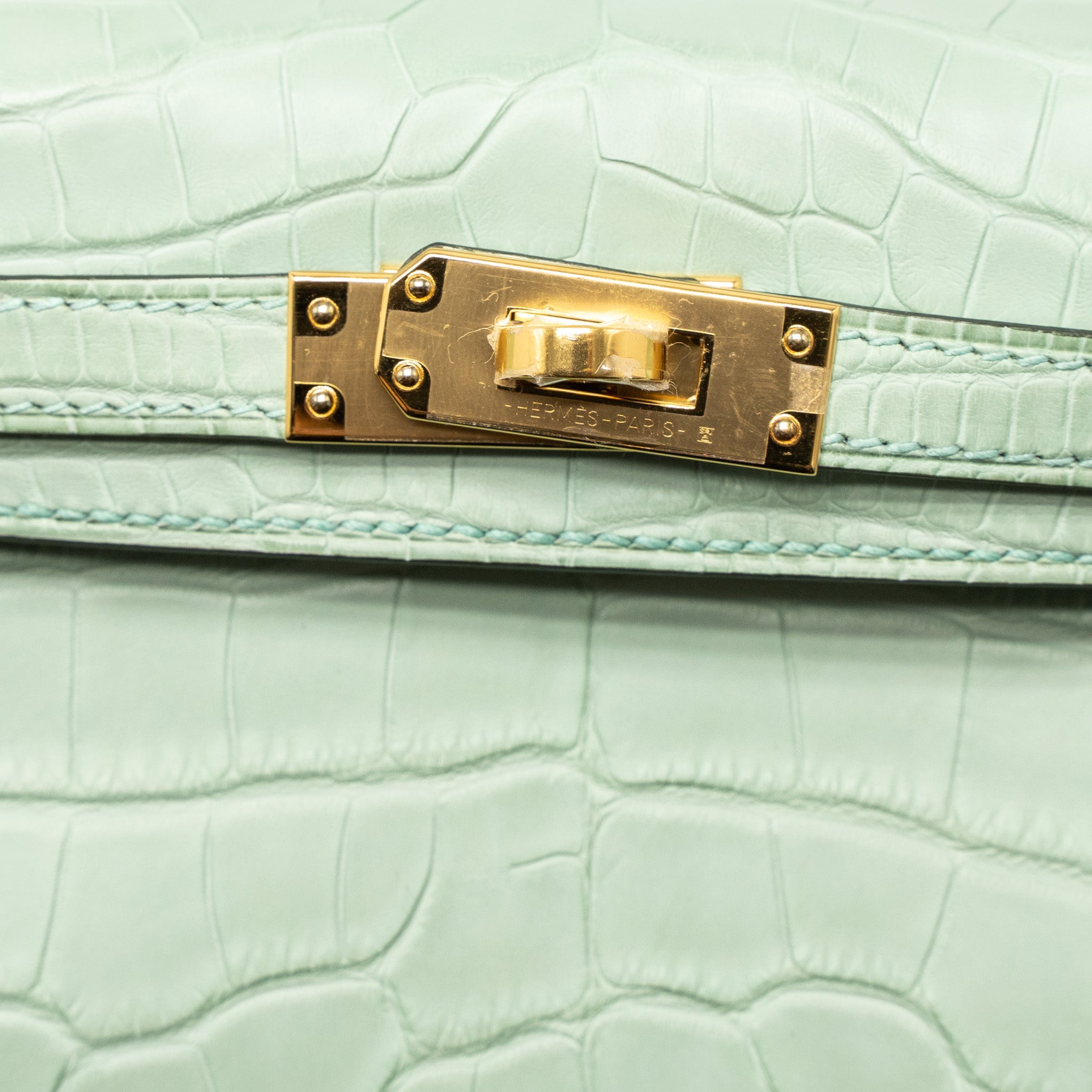 HERMES MINI KELLY ALLIGATOR MISSISSIPPIENSIS MATTE 6U VERT D’EAU GHW