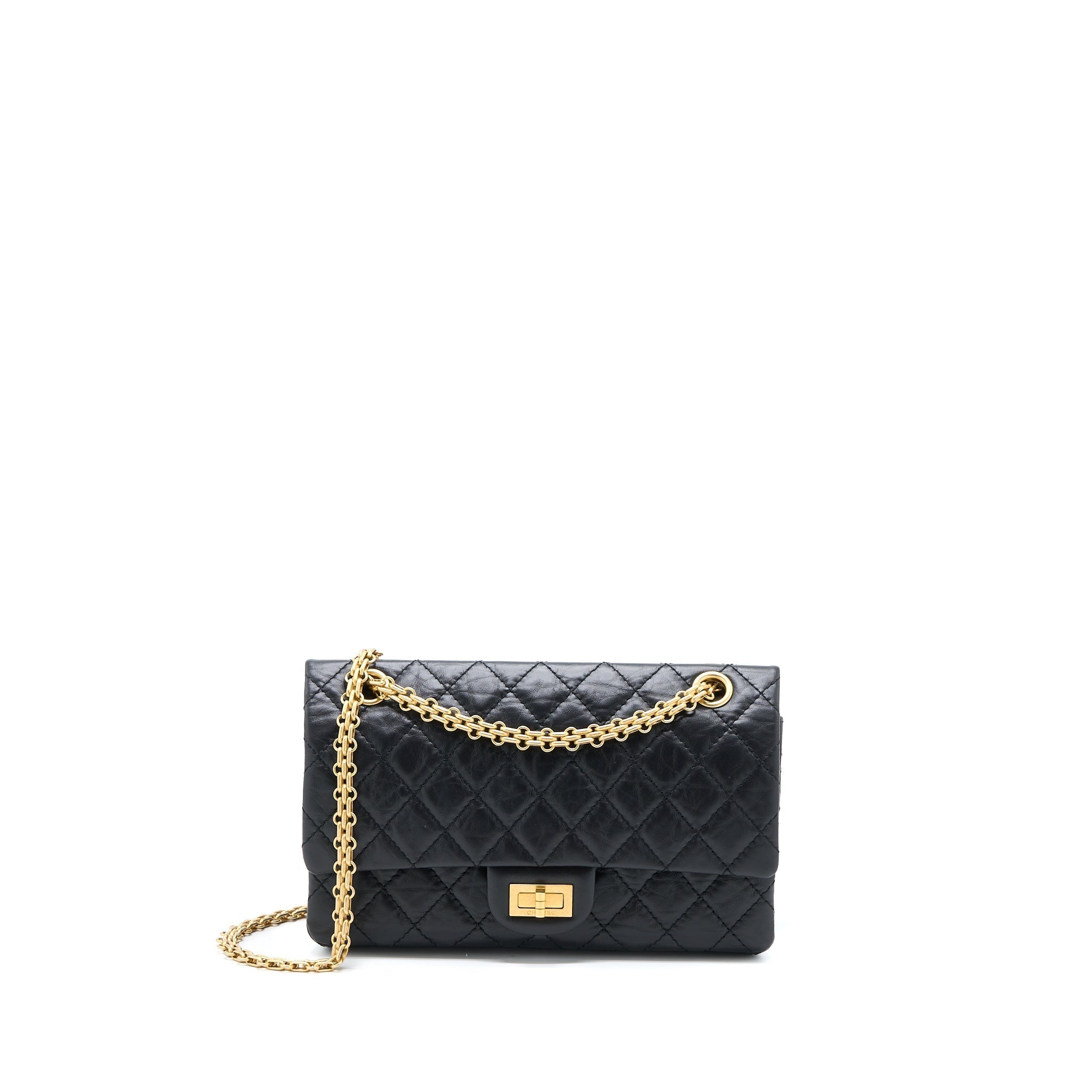 CHANEL SMALL 2.55 REISSUE FLAP BAG AGED CALFSKIN BLACK BRUSHED GHW (MICROCHIP)