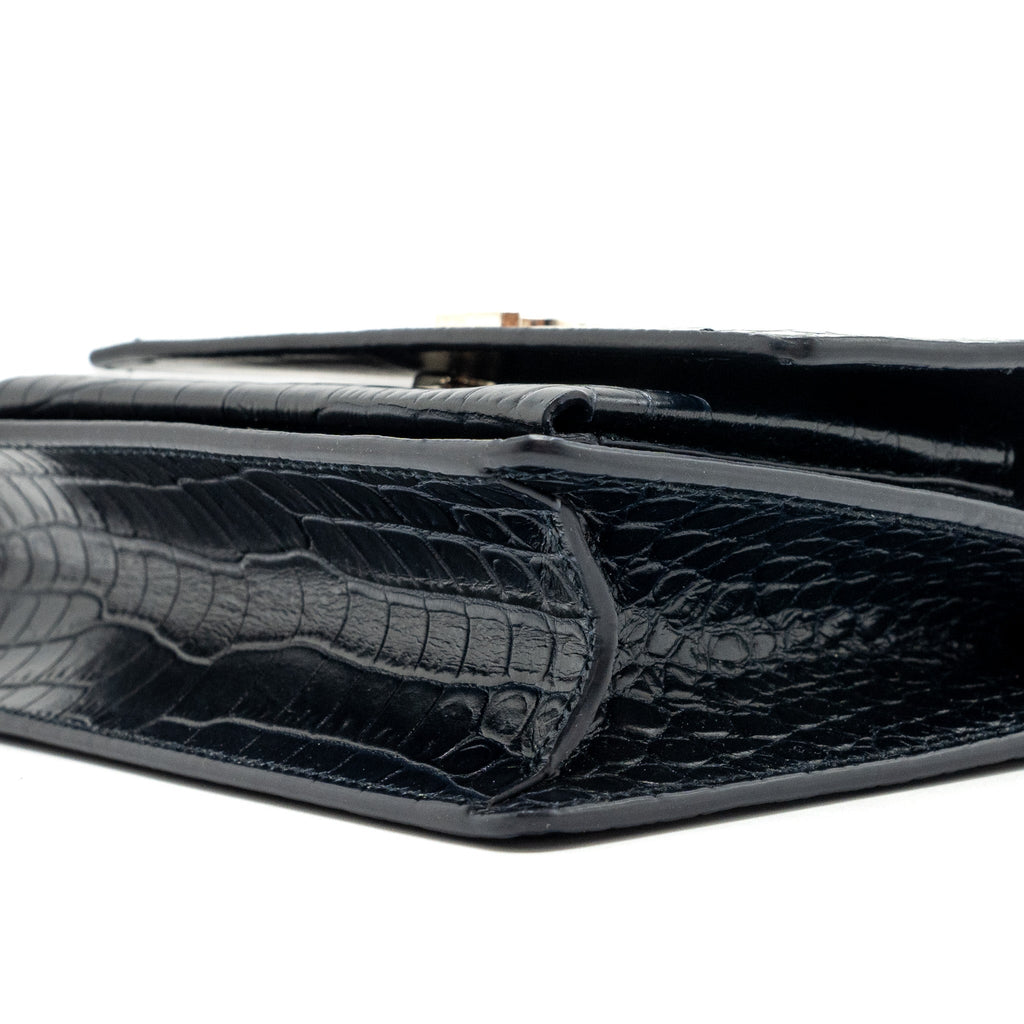 SAINT LAURENT/YSL MINI SUNSET BAG CROCODILE-EMBOSSED CALFSKIN NAVY SHW