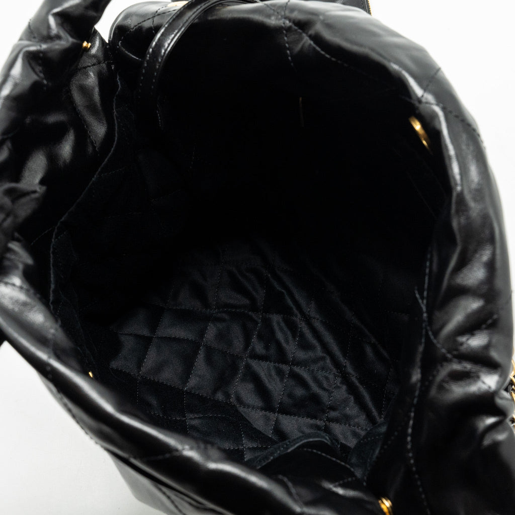 CHANEL SMALL 22 BAG SHINY CALFSKIN BLACK GHW (MICROCHIP)