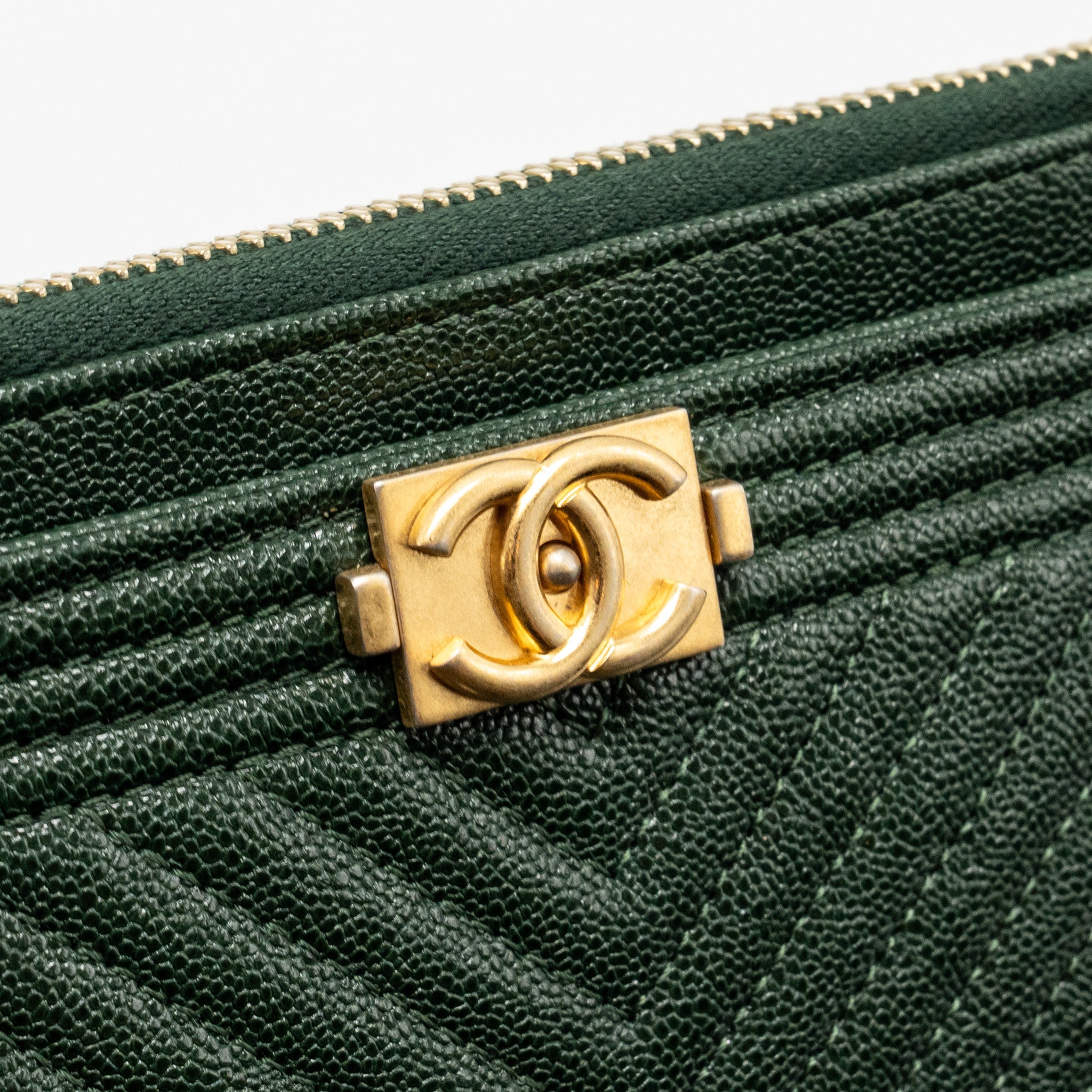 CHANEL CHEVRON BOY ZIP POUCH CAVIAR DARK GREEN GHW