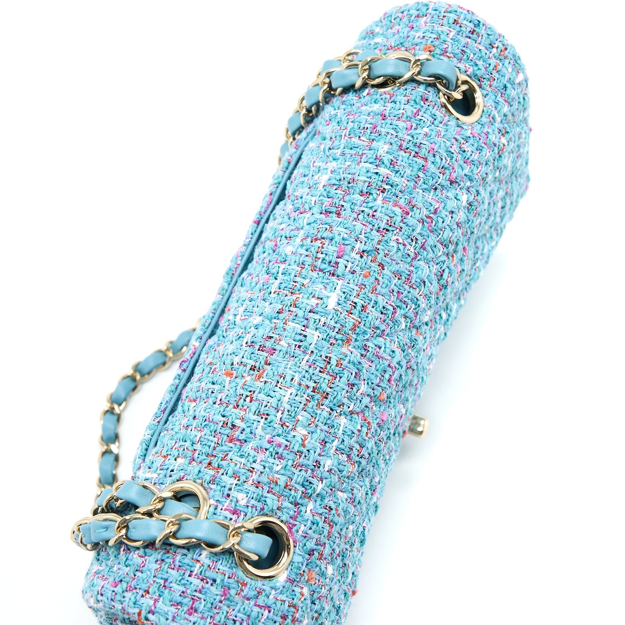 CHANEL TWEED MEDIUM CLASSIC DOUBLE FLAP BAG LIGHT BLUE LGHW